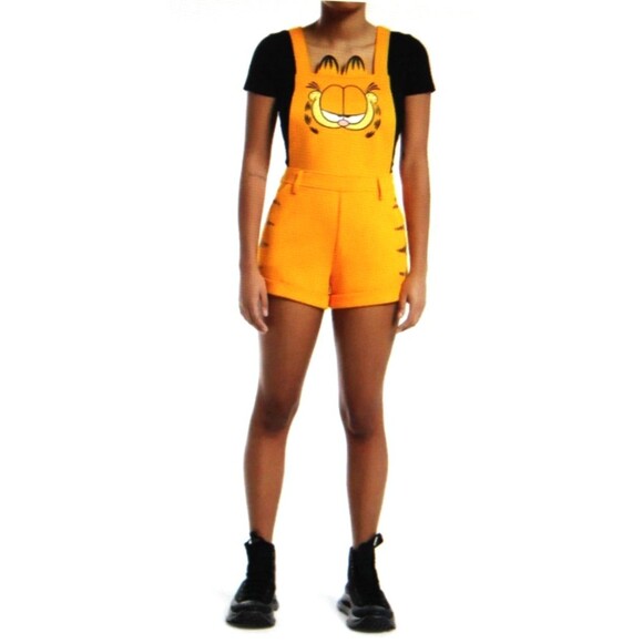 Hot Topic Nickelodeon Garfield Cat Face Orange Overall Shorts Suspenders Costume - Picture 16 of 16